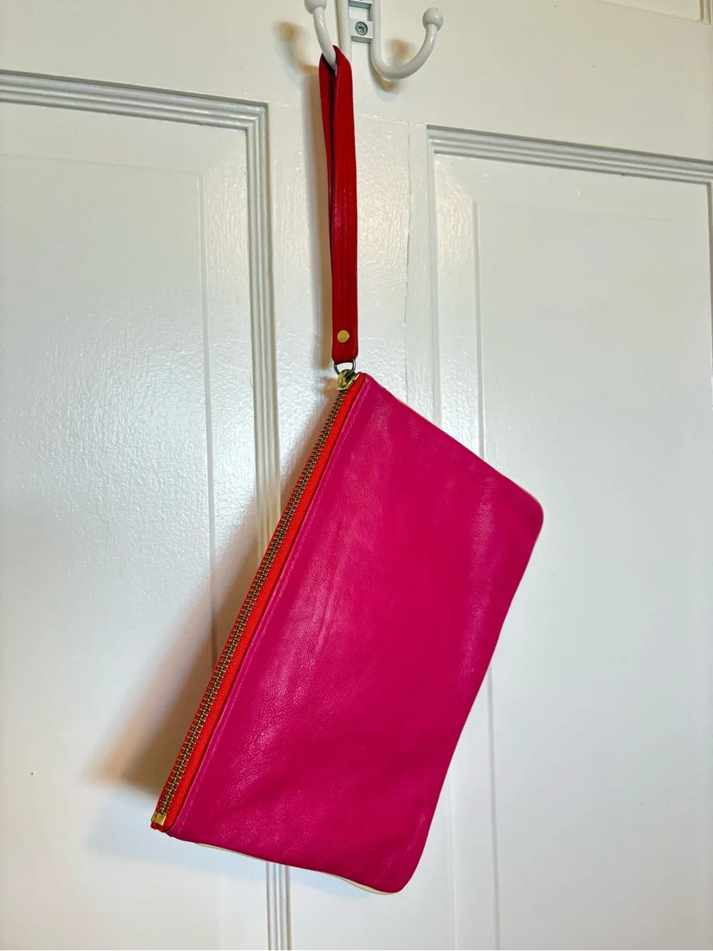 Y2K Juicy Couture Pink and Red Leather Wristlet Clutch with Gold Hardware
